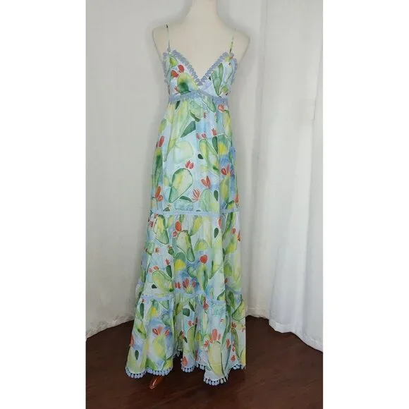 CHARO RUIZ IBIZA Maxi  Dress XS Salamanca Barbary Fruits Blue Green Cotton Resor - Picture 3 of 16